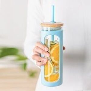 Kodrine NWOT Glass Food Grade Silicone Sleeve 24oz Water Bottle Bamboo Lid Straw